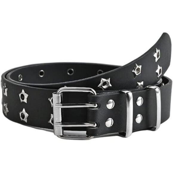 Gothic Star Rivet PU Leather Belt Double Buckle Y2K Studded Jeans Belt - Picture 7 of 7